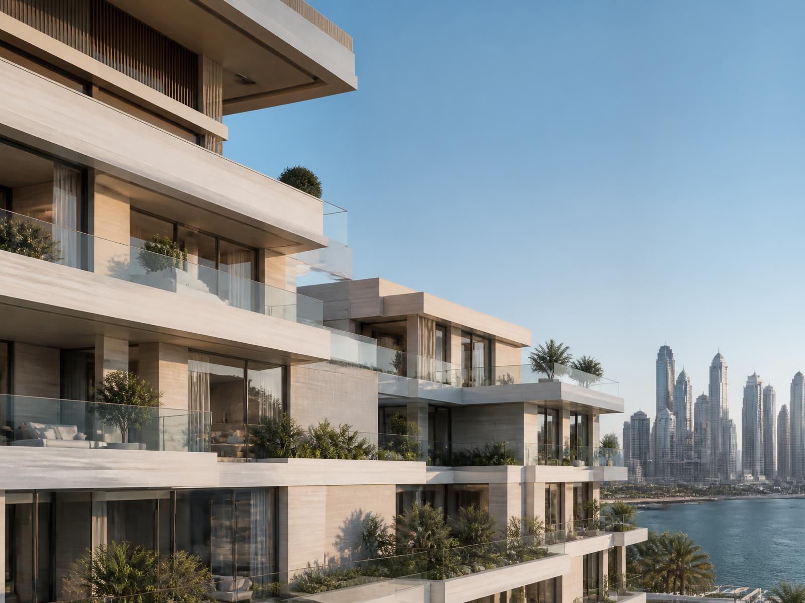 Terraced residential development exterior in pale stone and glass