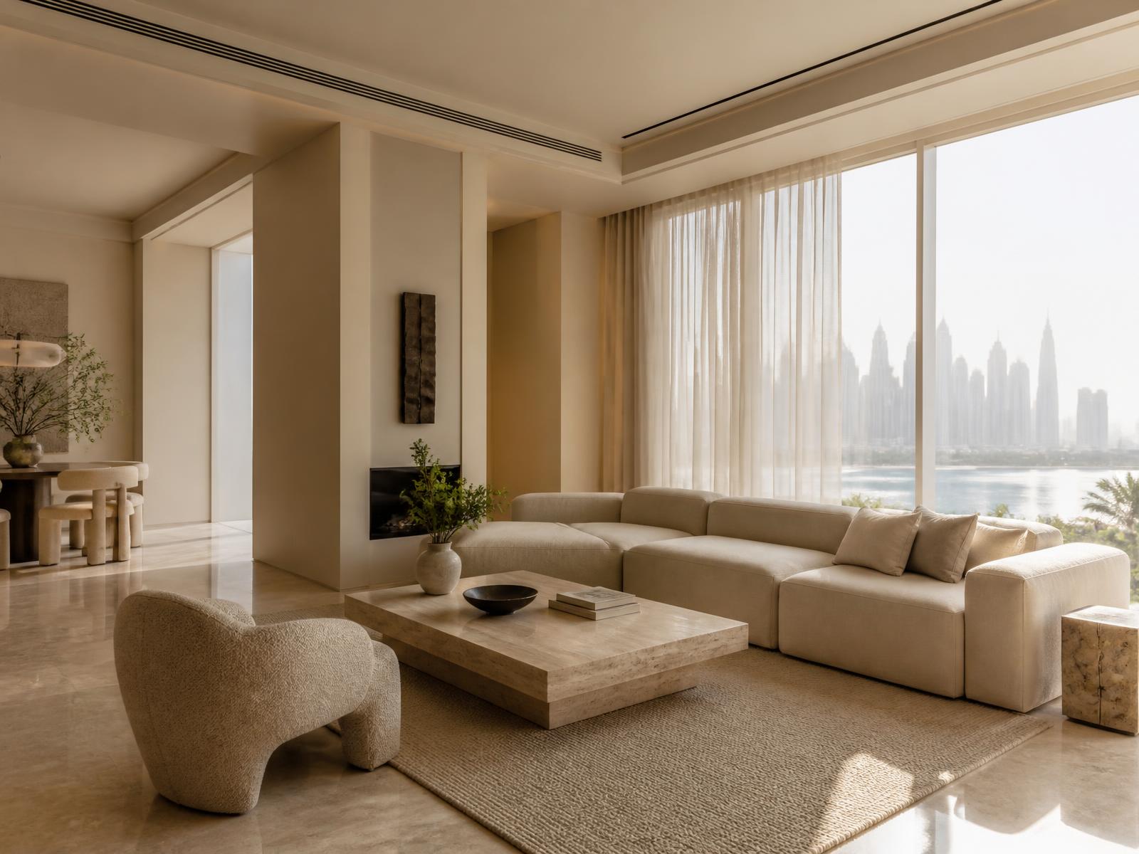 Calm ivory-toned living space in a completed Dubai residence
